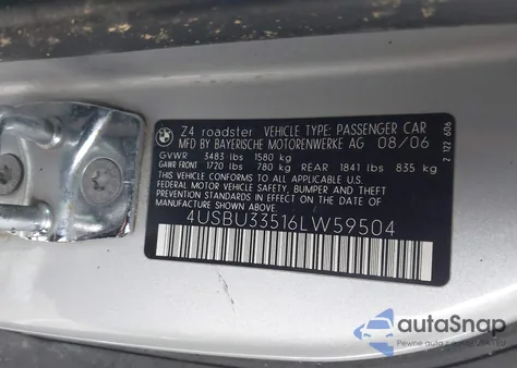 2006 BMW Z4 3.0I z USA, uszkodzony, nr VIN 4USBU33516LW59504